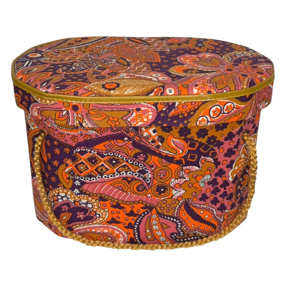 1960s Psychedelic Paisley Wig Case Hat Box Vanity Storage Mod Orange Pink - Picture 2 of 16